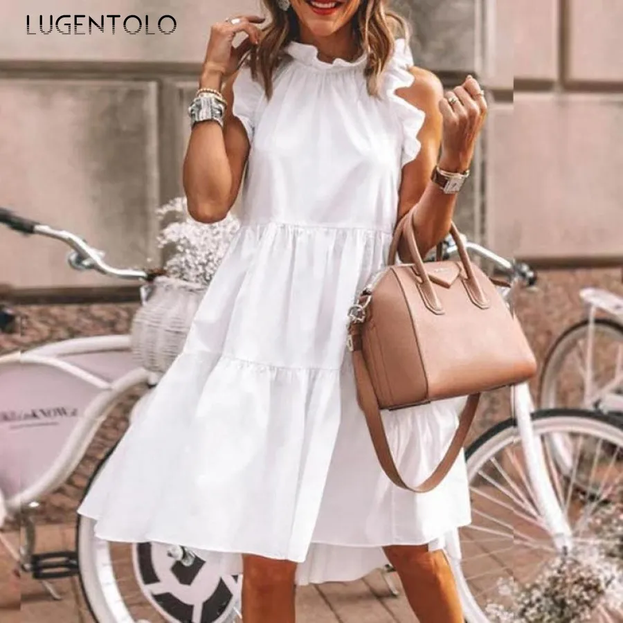 

Lugentolo Simplicity Summer Dress Women Loose Sleeveless Solid Color Round Neck Big Swing Loose Casual Empire O-Neck Dresses