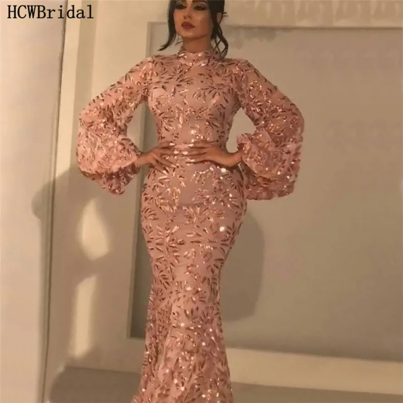 

Dusty Rose Glitter Mermaid Evening Dress Long Sleeves High Neck Saudi Arabic Formal Occasion Dresses For Party Robe De Soiree