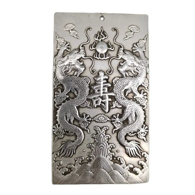 

China old Tibetan Silver Relief Shuanglong Shou Character Amulet Pendant Feng Shui Lucky Pendant