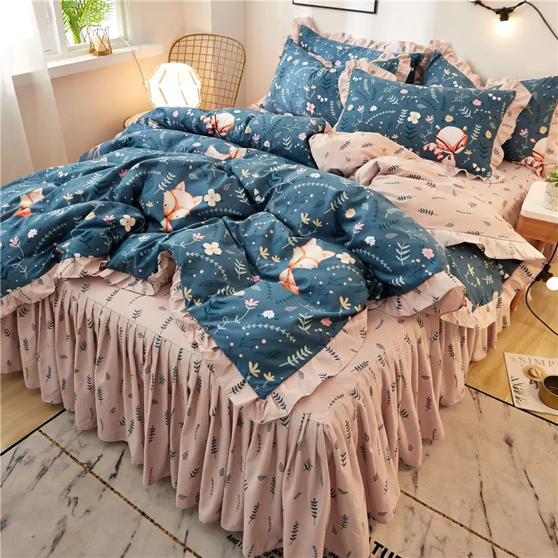 

Princess style bedding set 3pc or 4pcs bed skirt duvet cover set women bed set 2020 New ruffles bed linens flower bed skirt twin