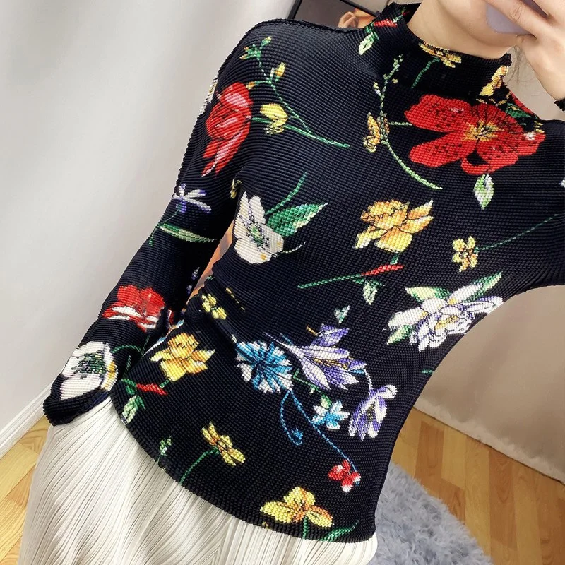 

LANMREM Women Printing Pleated Big Size T-shirt Turtlenck Long Sleeve Fashion Tide Spring Autumn 2021 New Arrivals 2E1773