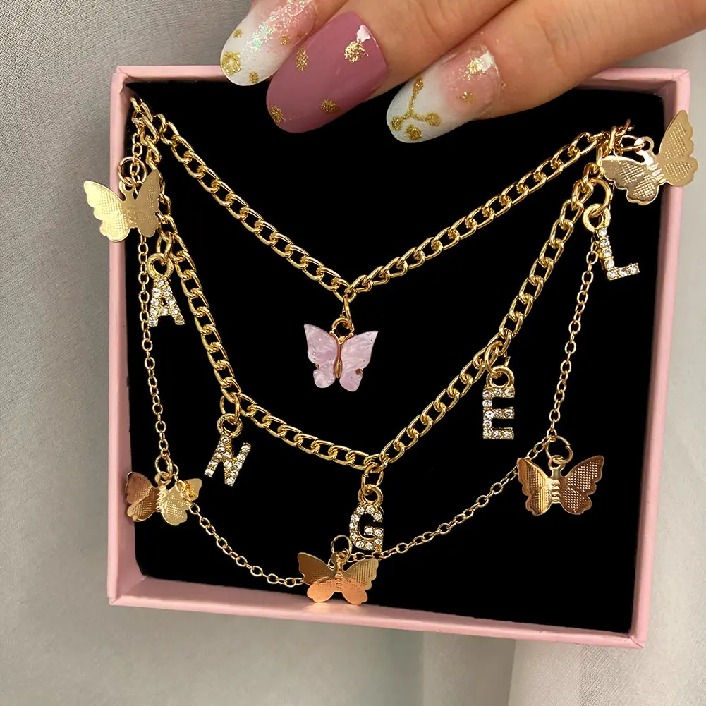 

Flatfoosie Multilayer Butterfly Pendant Necklace For Women Gold Color Crystal ANGEL Letters Choker Necklace Boho Jewelry Gift