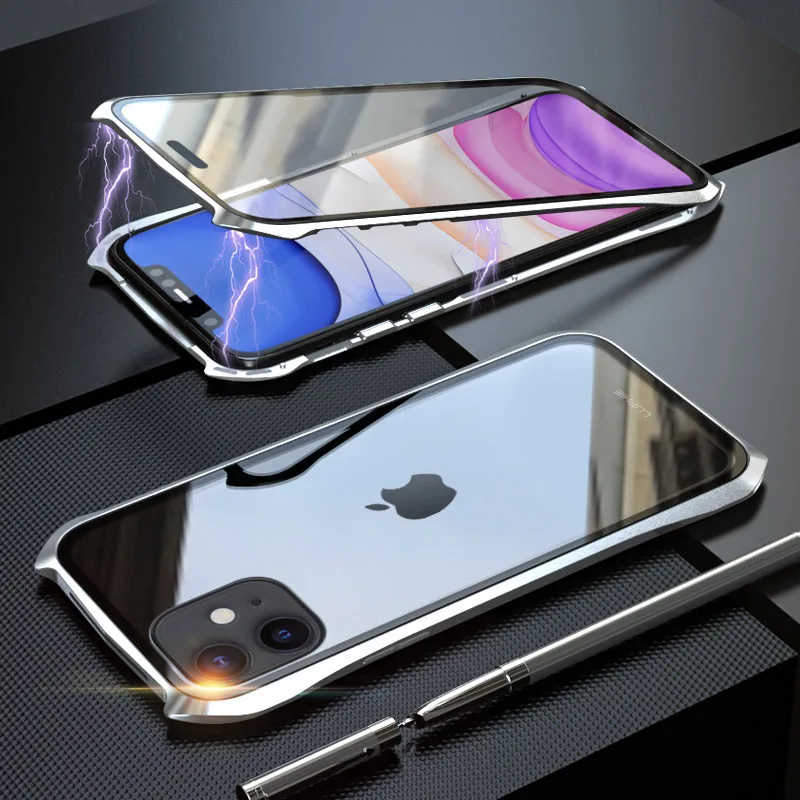 Передний и задний Магнитный стеклянный чехол для Apple iPhone 11 Pro чехол 360 металлический бампер полный корпус чехол для etui iPhone 11 Pro Max чехол - Цвет: Full Silver