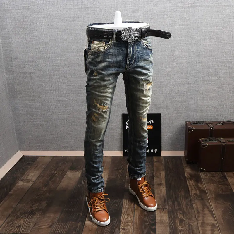 Newly Streetwear Fashion Men Jeans Distressed Slim Fit Destroyed Ripped Jeans Men Patchwork Vintage Designer Retro Denim Pants