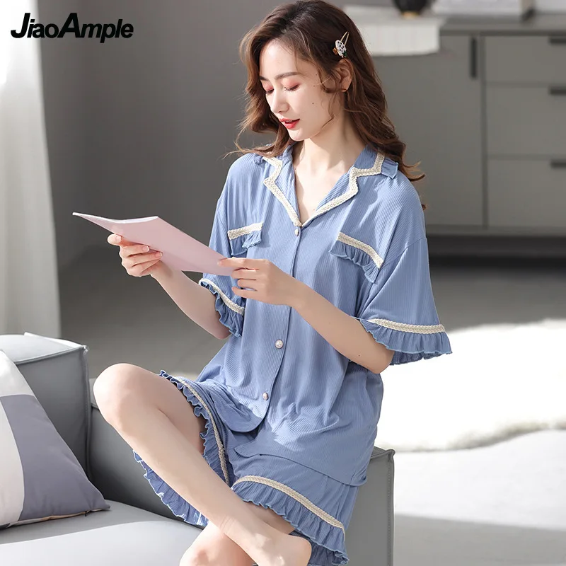 Pajamas Women Summer Short-Sleeved Shorts Modal Pijamas Two-Piece Women's Thin Sexy Sleepwear Set Female Nightwear Home Clohing