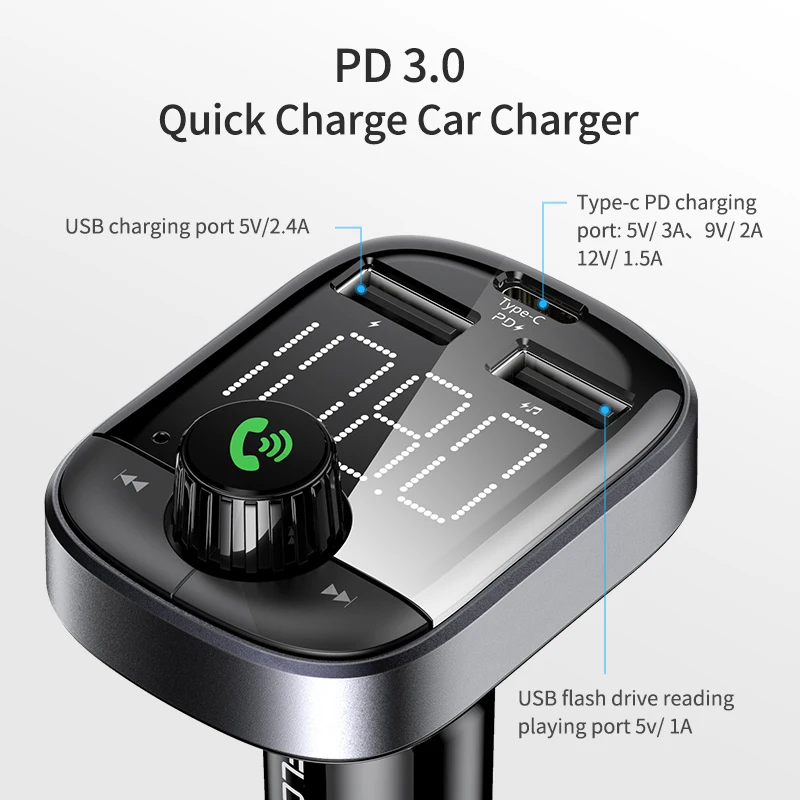 Автомобильное зарядное устройство PD 3 0 Fm-передатчик Bluetooth 2 USB-порта | Мобильные