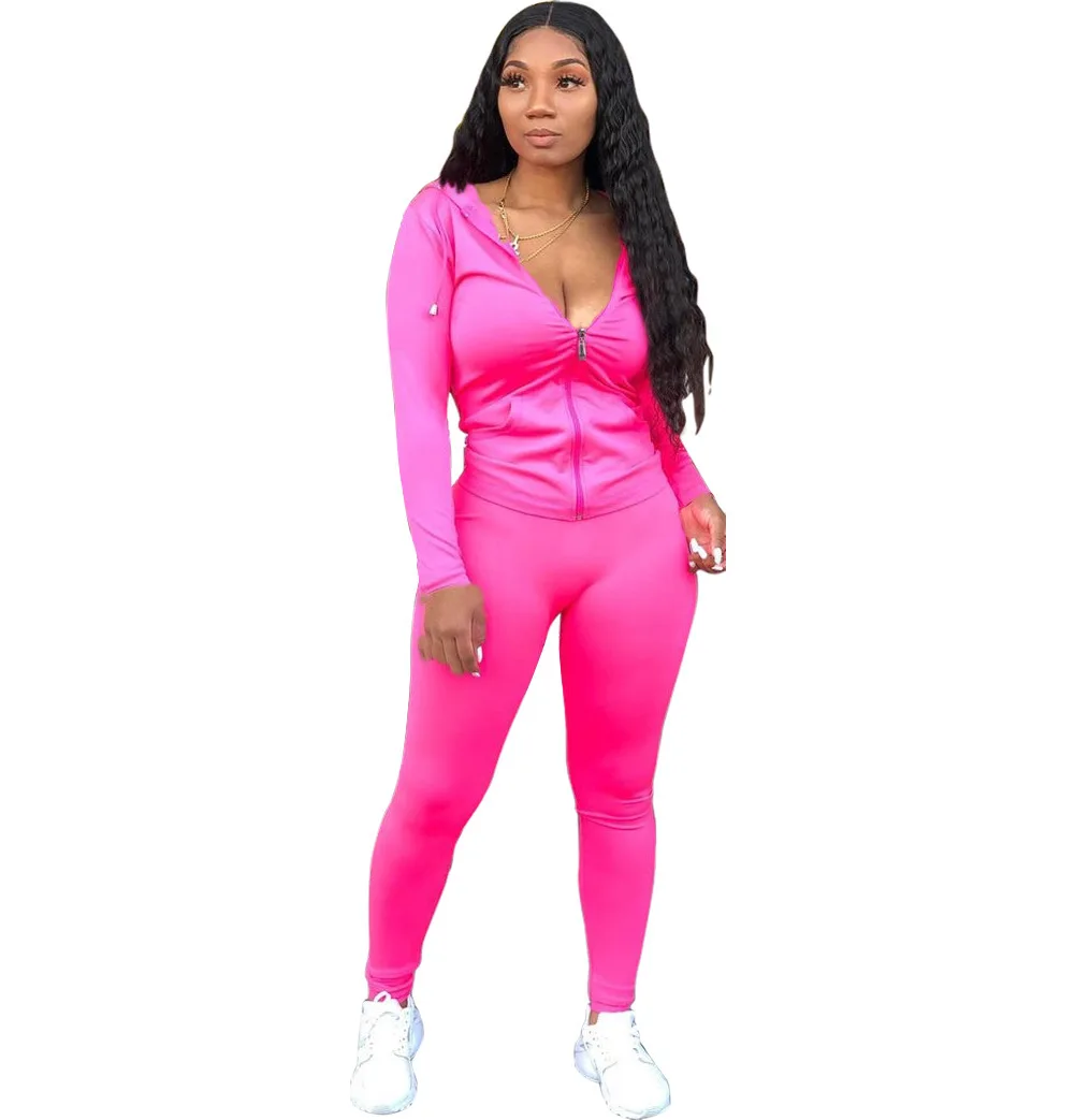 

Zoctuo Sexy Pants Sets Slim Long Sleeve Hooded Top Set With Pant Suit Womens Solid Autumn Tracksuit Jogger Two Piece Outfits