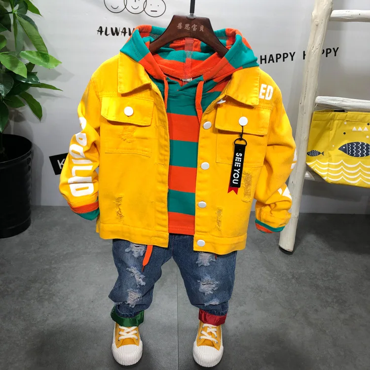 Boys Clothing Fashion Children Sets boys Denim jacket + striped hoodie jeans 3pcs Kids Clothes for |