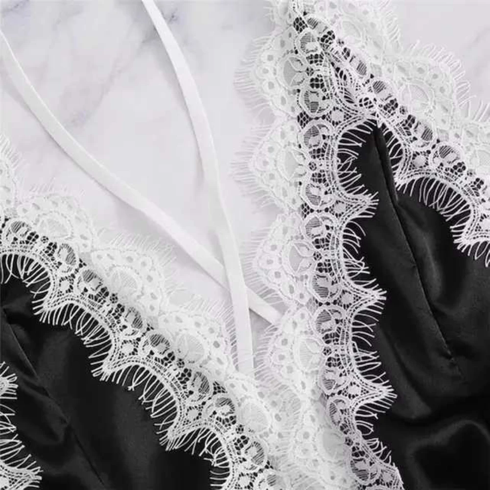 

Sexy Women Lace Trim Deep V Sleeveless Cross Backless Bodysuit Sleepwear Pyjama Nightgown Sets