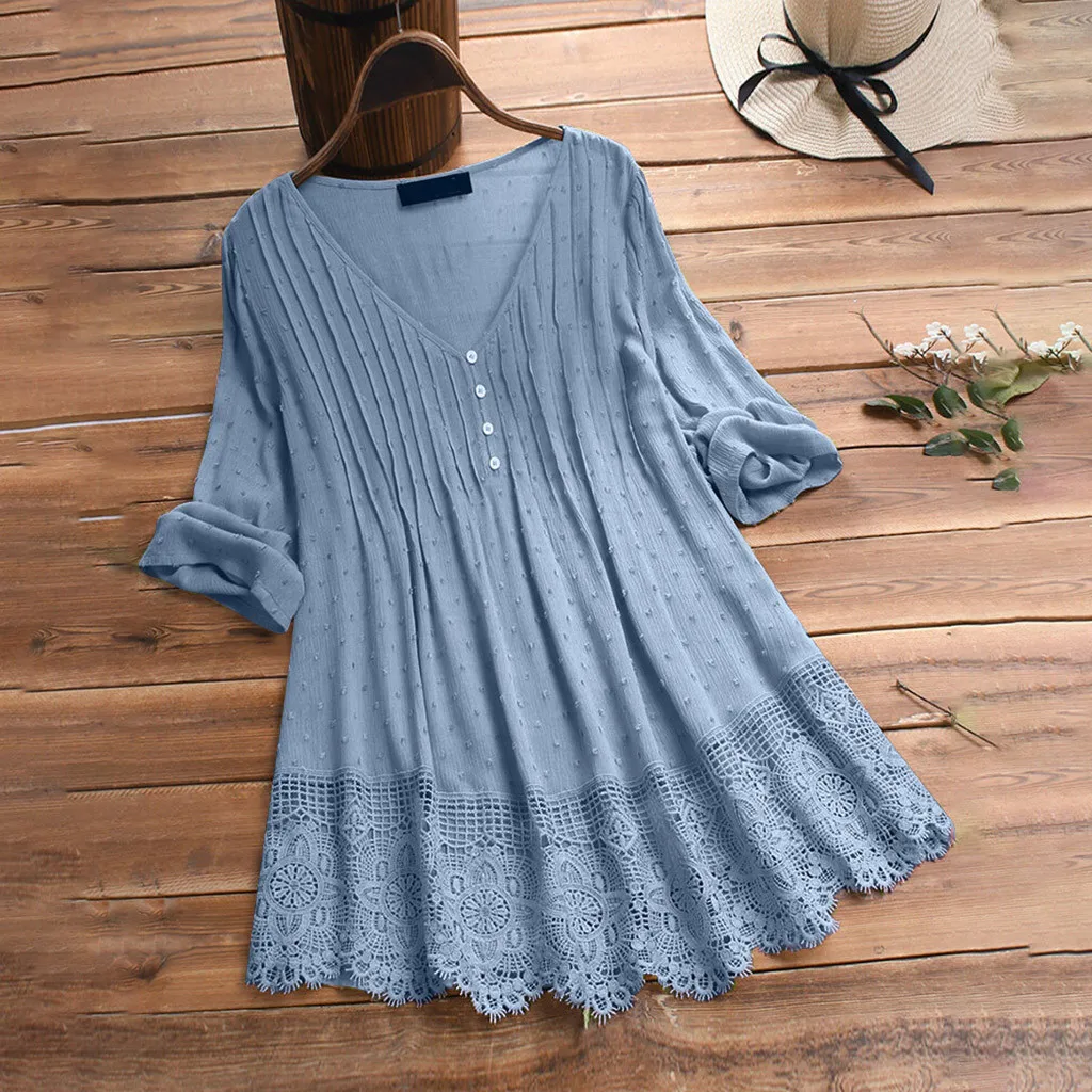 

Women Vintage Ruffled Three Quarter Lace V-neck Plus Size Top Shirt Blouse Top Femme Women's Clothing Футболка Оверсайз 2021