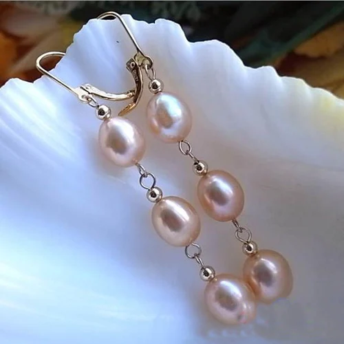 

New Arrival Favorite Pearl Dangle Earrings 11mm Pink Rice Freshwater Cultured Pearl Earrings 14k Gold Fine Jewelry For Lady Gift