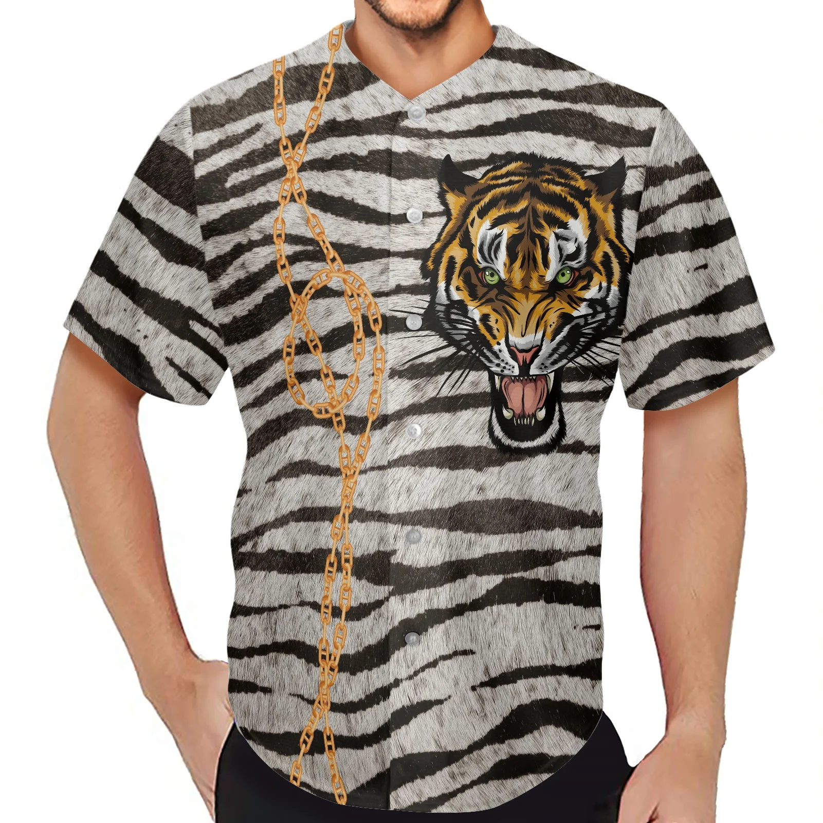 

Летняя модная бейсбольная майка с принтом тигра и золотой цепи, футболки с принтом зебры на пуговицах, Спортивная майка