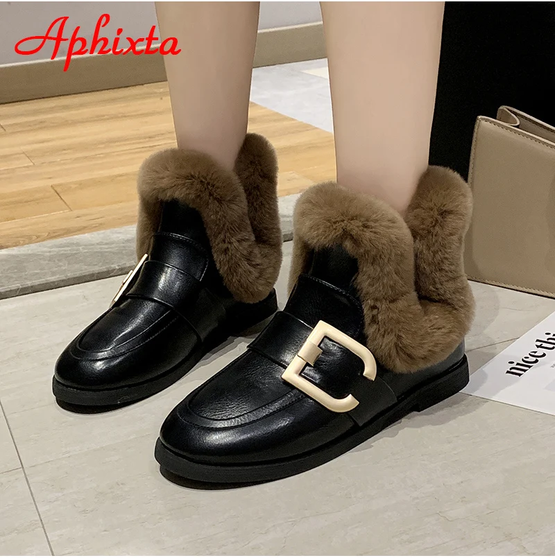 Aphixta; Новинка года; женские ботинки с пряжкой; женская кожаная обувь на меху; теплая плюшевая зимняя новая женская обувь; модные зимние ботинки