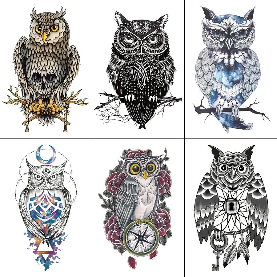 Временные тату-наклейки на руку с цветами нарисованные совами боди-арт тотем