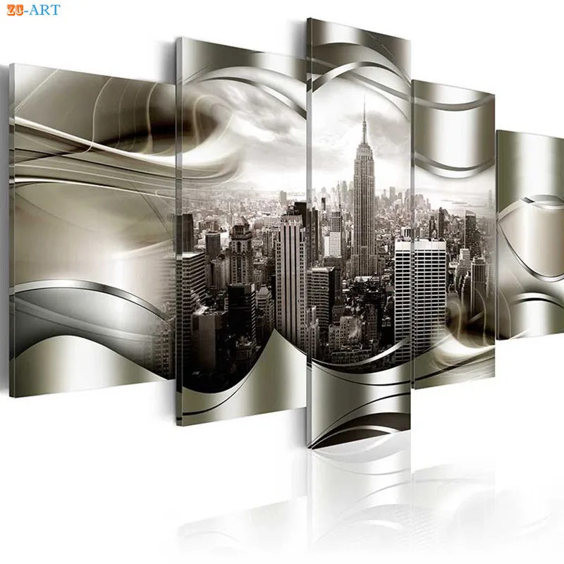 Печатный плакат с изображением города Нью Йорка 5 панелей на холсте модульные