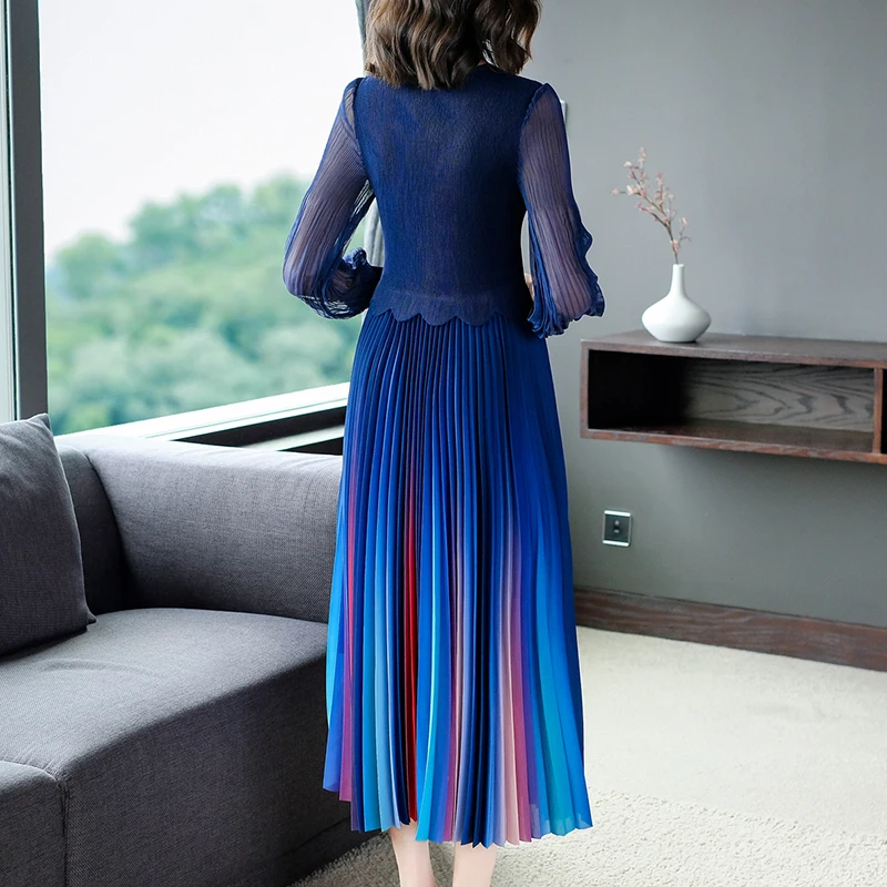 

Women Dress Spring 2021 New Casual Fashion Full Sleeve Lantern Sleeve Pleated High Waist V-Neck Black Blue Wine Red Dresses