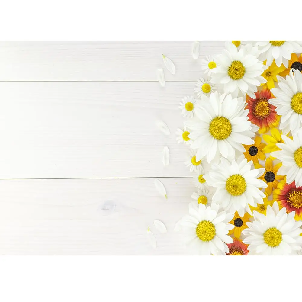 Фон для студийной фотосъемки с изображением цветущих цветов и деревянной доски |