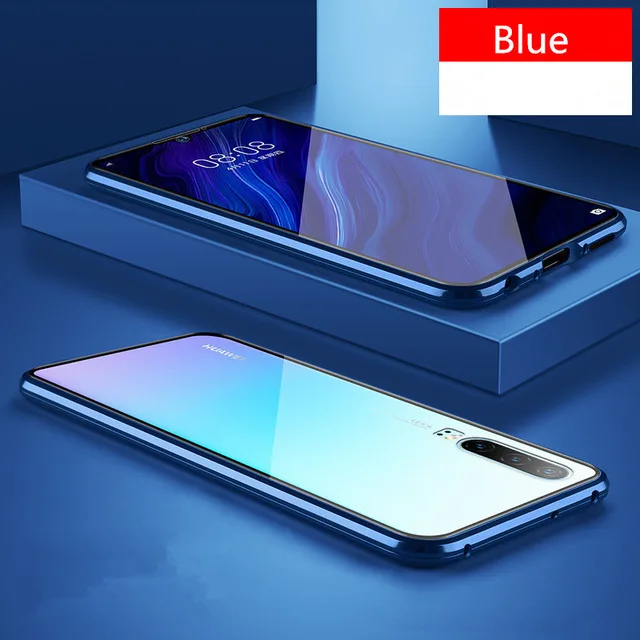 Синий Защитный металлический магнитный чехол для Huawei Honor 9X20 Pro P30 pro с двойной стороной из закаленного стекла Nova 4 5 5i 5Pro - Цвет: Синий
