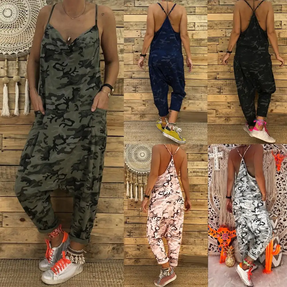 

Fashion Camouflage Sleeveless Sexy Sling Backless Jumpsuit Baggy Casual Loose Streetwear Lady Long Pants Suitable for beach