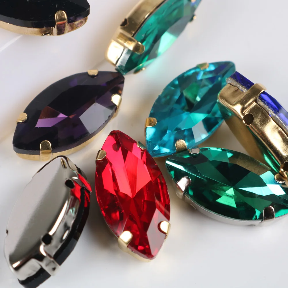 

Horse Eye navette leaf Colorful Sew On Fancy Rhinestones With Gold Claw Glass Crystal Sew On stone For clothing accessories