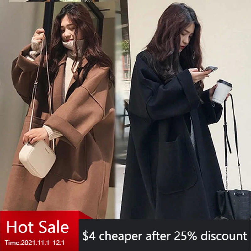 

2021 Ladies Korean Cashmere Women's Autumn Winter Long Faux Wool Coat Outerwear Female Loose Overcoat Clothes Windbreaker Jacket
