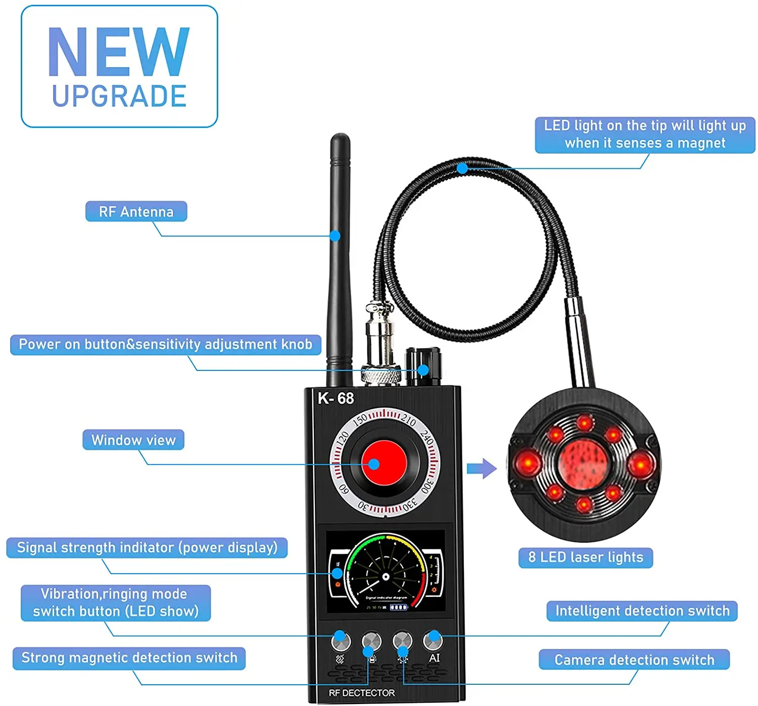 k68 anti spy hidden camera hunter detector anti eavesdropping rf signal wifi cam gps tracker gsm listening bug scanner finder free global shipping