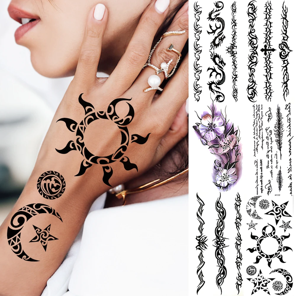 

Индийское племенное Солнце Луна Звезда Временные татуировки для женщин мужчин реалистичный Дракон цветок тату искусственная Татуировка наклейка на руку