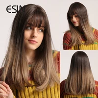 esin synthetic ombre dark brown root wigs with bangs medium long straight hair natural daily wig for women