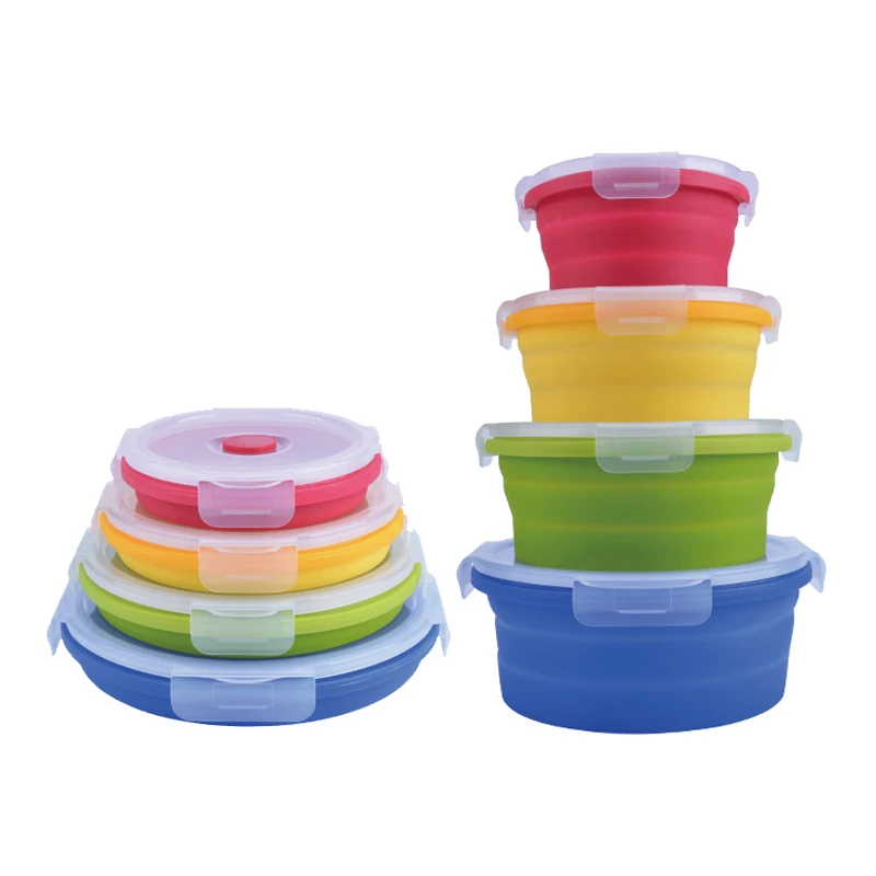 

Portable Round Silicone Folding Lunch Box Bowl Set Microwave Folding Food Container Box Outdoors Salad Snack Bowls With Lid