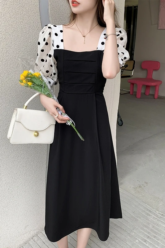 

COIGARSAM Short Sleeve Women dress New Summer Loose High Waist Dresses Wave Point Bud Silk C3615