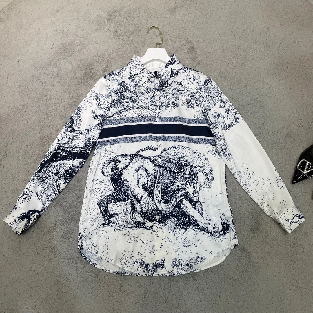 

High Quality Women's Blouse Autumn Vintage Designer Luxury Brand Clothing Female Jungle Series Long Sleeve Cardigan Shirts 53530