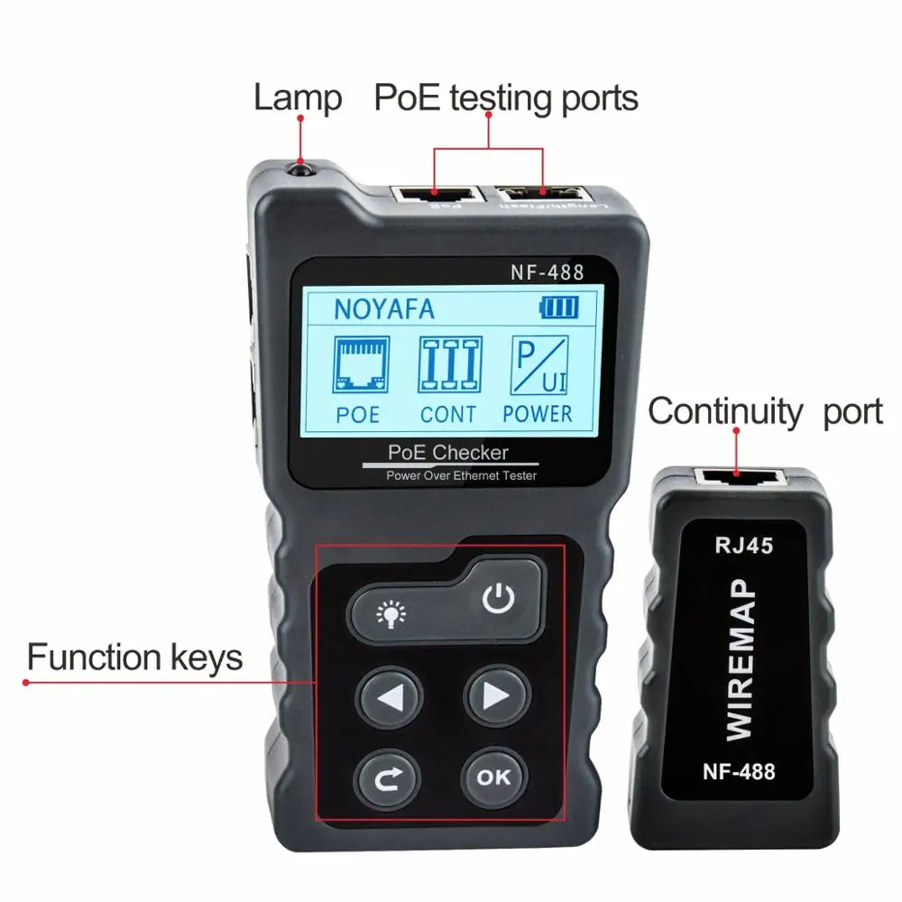 Noyafa LCD Tester de Cable de red Lan prueba PoE Checker NF-488 en línea PoE probador de corriente de voltaje con Cable rastreador Ethernet