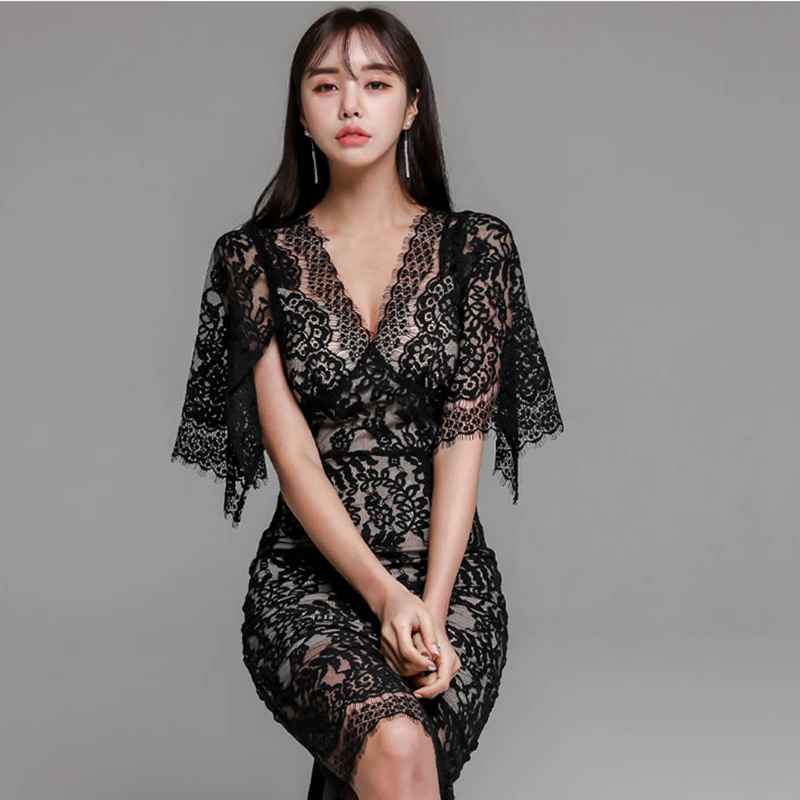 

Summer Lace Dress 2021 New Arrival Korean Style Ladies Vintage Temperament Slim V-Neck Short Sleeve Bdoycon Dress Women Dress
