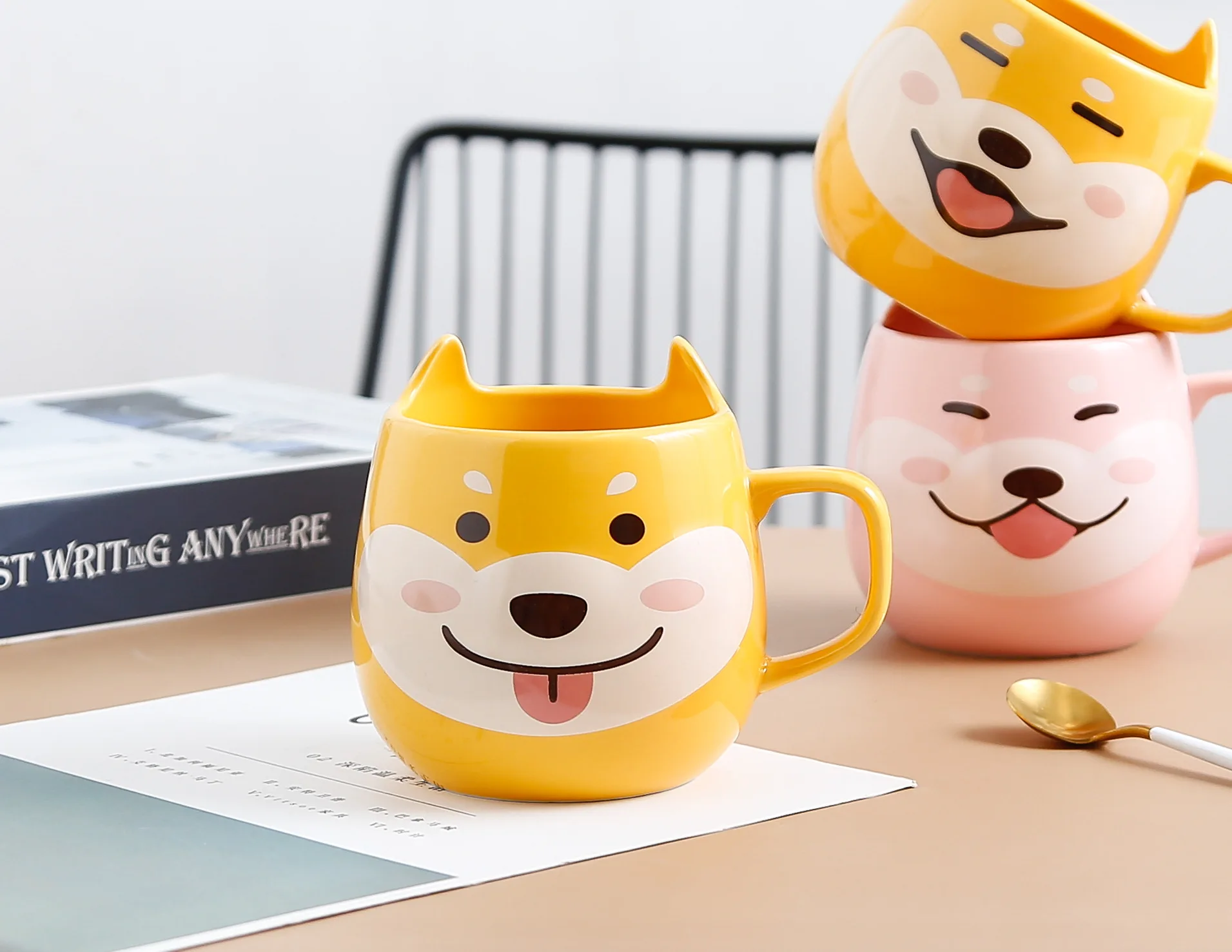 

Ceramic mug Cute dog pot-bellied cup Breakfast milk with spoon