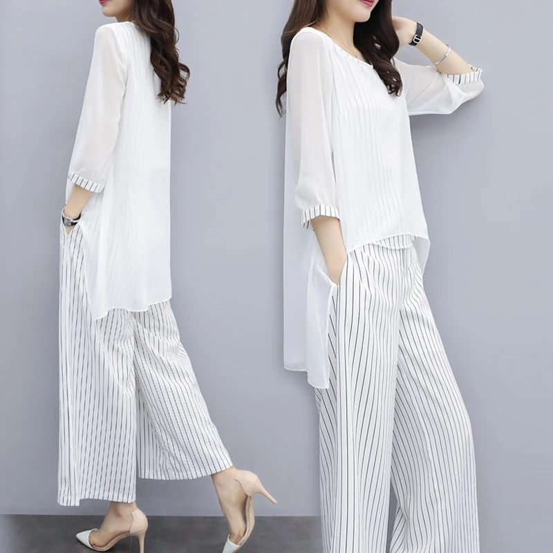 Женский комплект из 2 предметов шифоновая блузка и брюки в полоску с эластичным
