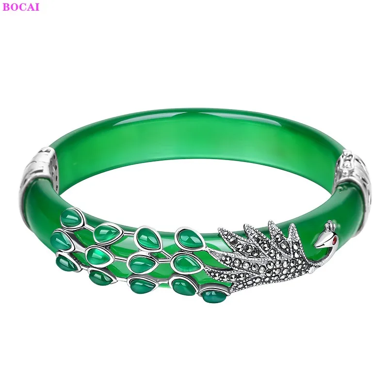 

BOCAI S925 Sterling Silver Bracelet Peacock Thai Silver White Green Chalcedony Bangle Pure Argentum Women's Gemstone Jewelry