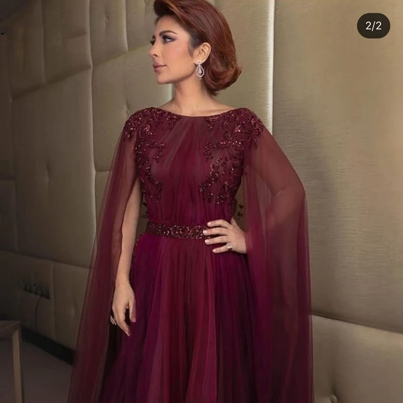 

Burgundy Evening Dresses Scoop Appliques Cape Sleeves Tulle Long Formal Prom Party Gowns Muslim Arabic Mother of Bride Dresses