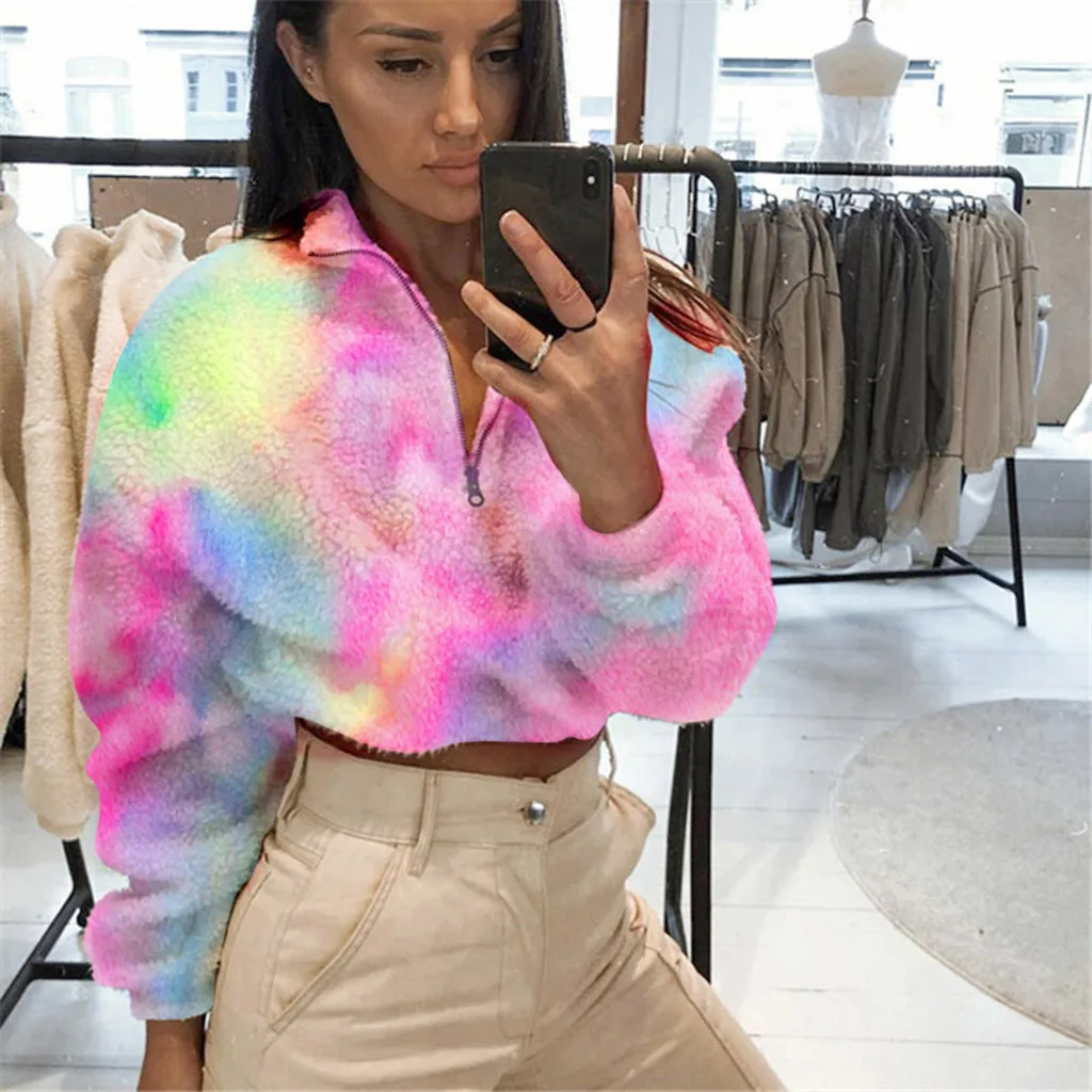 Женская Радужная Толстовка Tie Dye Teddy уличная одежда с длинным рукавом из искусственного меха флисовые Топы плюшевый пуловер больших размеров Sudadera Mujer