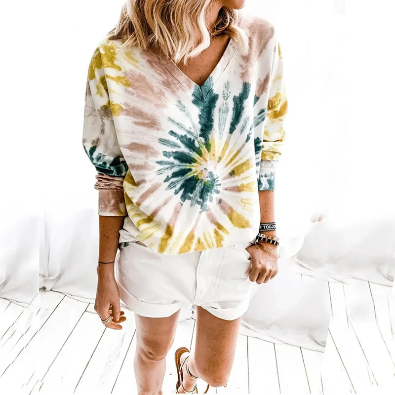 

Women Autumn Winter 2020 V Neck Tie-dyed Printed Long Sleeve Loose Top T-shirt Casual Sweatshirts Tops woman tshirts graphic