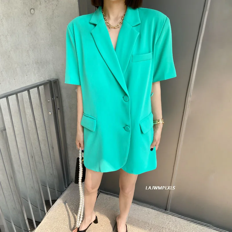 

Minimalist Casual Green Blazer For Women V Neck Short Sleeve Single Breasted Pockets Solid Blazers Female 2021 Summer New