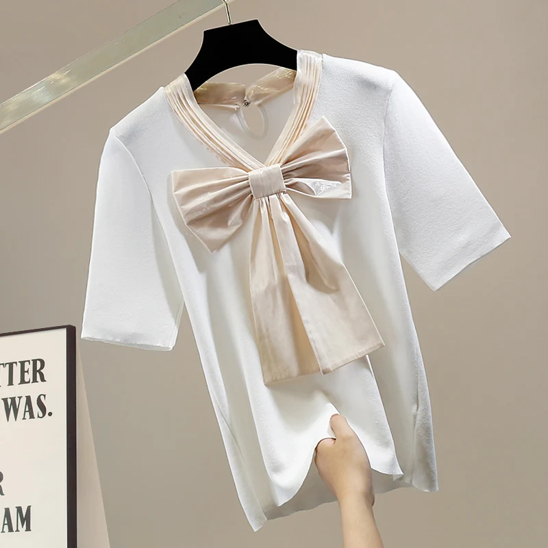 

Sweet Big Bow Color Contrast Patchwork V-neck Pullover Short-Sleeved Sweater Fashionable Casual Figure Flattering Top