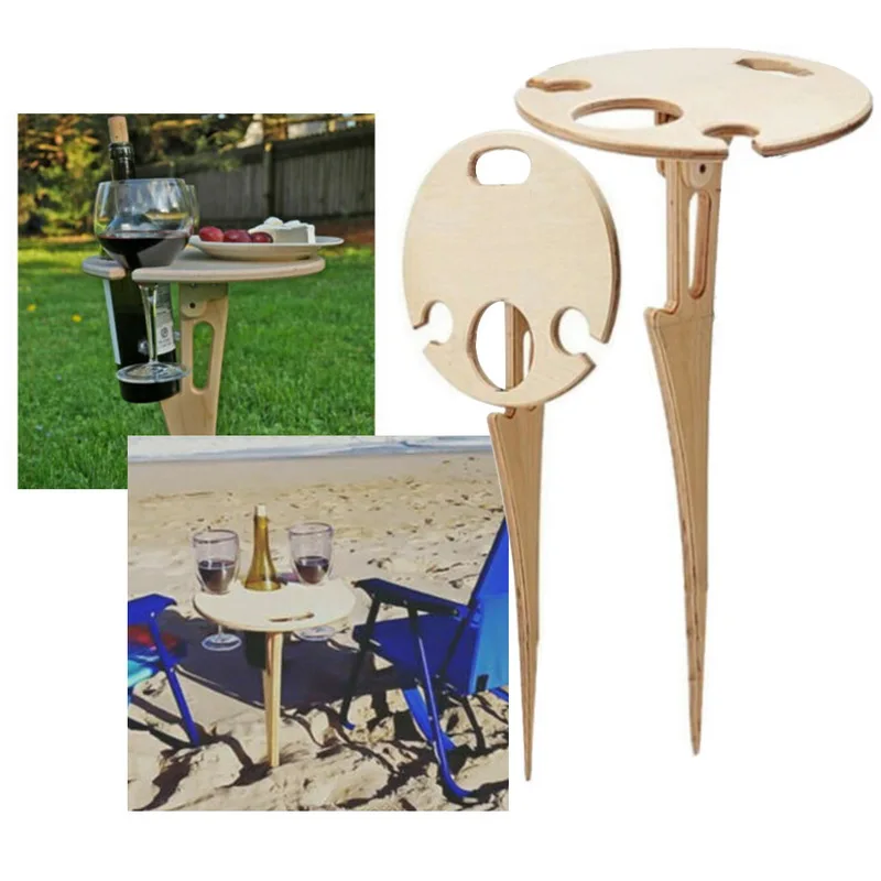

Outdoor Cample Table Wooden Wine Table Portable Wooden Picnic Table Wine Glass Rack Foldable Round Desktop Collapsible Table