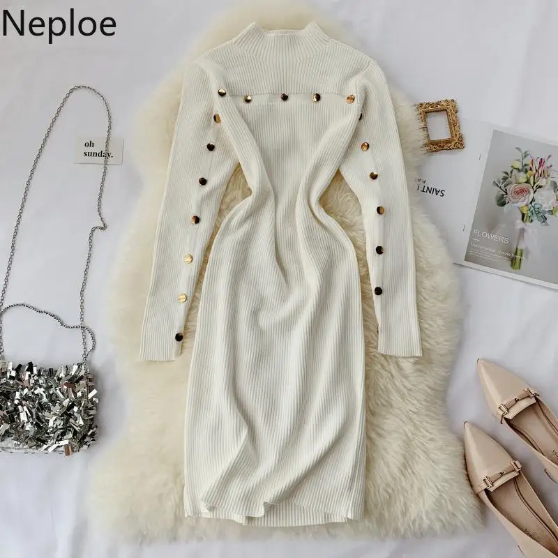 Neploe французский стиль Heben Vestido водолазка с заклепками однотонное приталенное