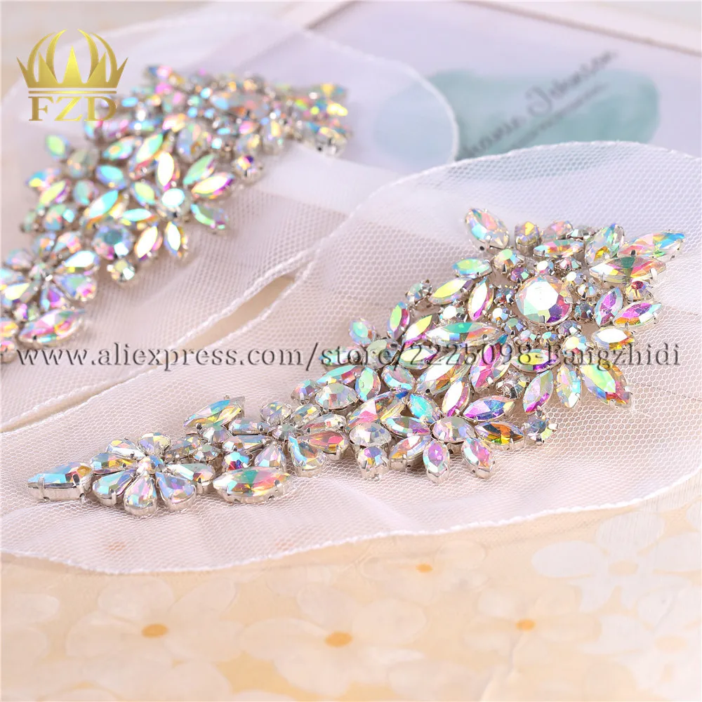 FZD-20 pares de diamantes de imitaci&oacute;n hechos a mano para coser en AB, apliques de gasa de cristal, adorno de diamantes de imitaci&oacute;n para vestido de novia, ropa de FA-1493-1