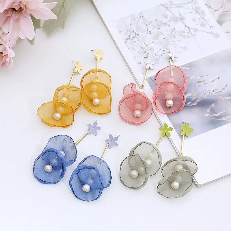 Богемные Многослойные висячие серьги из розовой сетчатой пряжи с цветами для