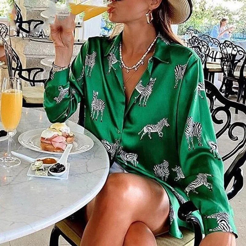 

Women satin blouse long sleeve zebra print shirts vintage office ladies tops femme chandails 2020 fashion blusa de mujer ins