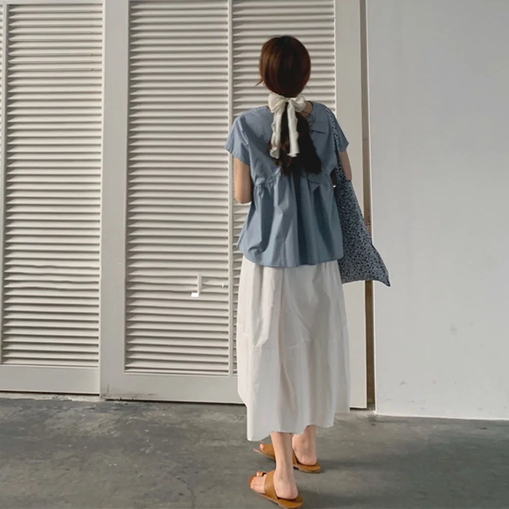 

2021 Summer New Japanese Style Lace Bow Front Back Solid Color Loose Casual Folds Blouse Fashion Round Neck Summer