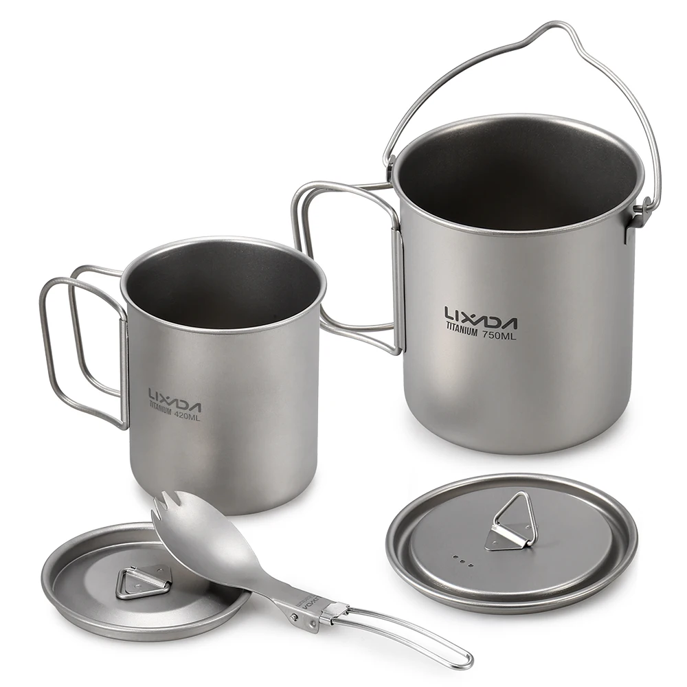 

Lixada Lightweight Titanium 3 Pieces Set Titanium 750ml Pot 350ml Water Cup Mug with Lid Collapsible Handle Folding Spork