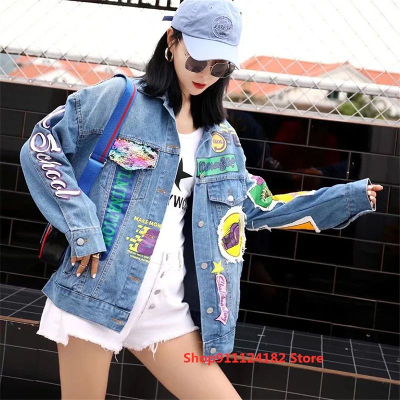 

Long-Sleeved Spring Denim Women's Spring 2021 New European Goods Trendy Brand Sequin Patch Printed Loose Fashion Jacket