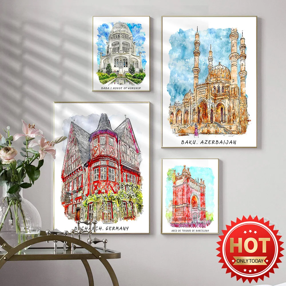 

Watercolor City Travel Poster, Netherlands Amsterdam Wall Art, Spain Barcelona Print Poster, Germany Canvas Wall Stickers, Gift